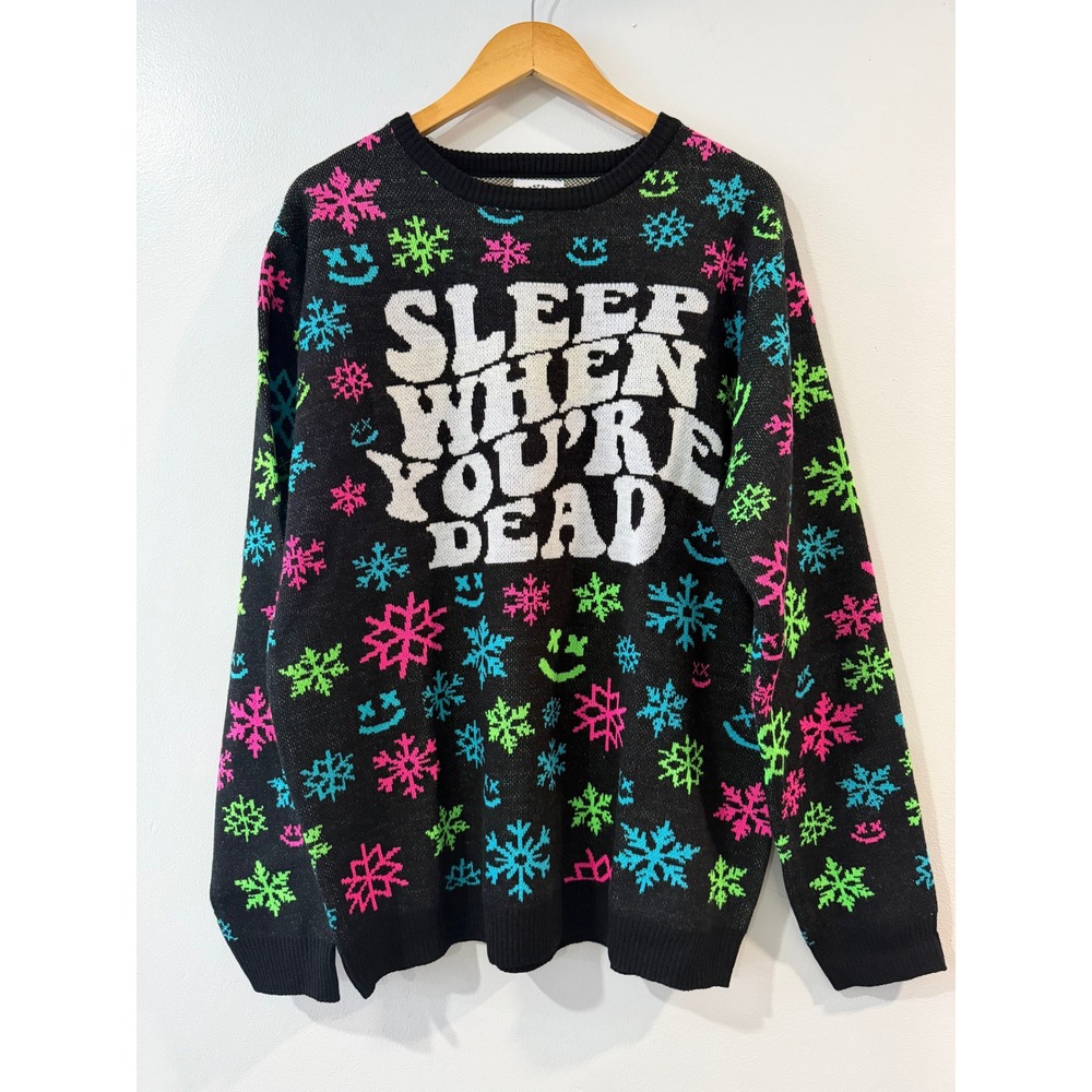 Barstool Sports Sleep When Youre Dead Ugly Christmas Sweater Black Neon XL